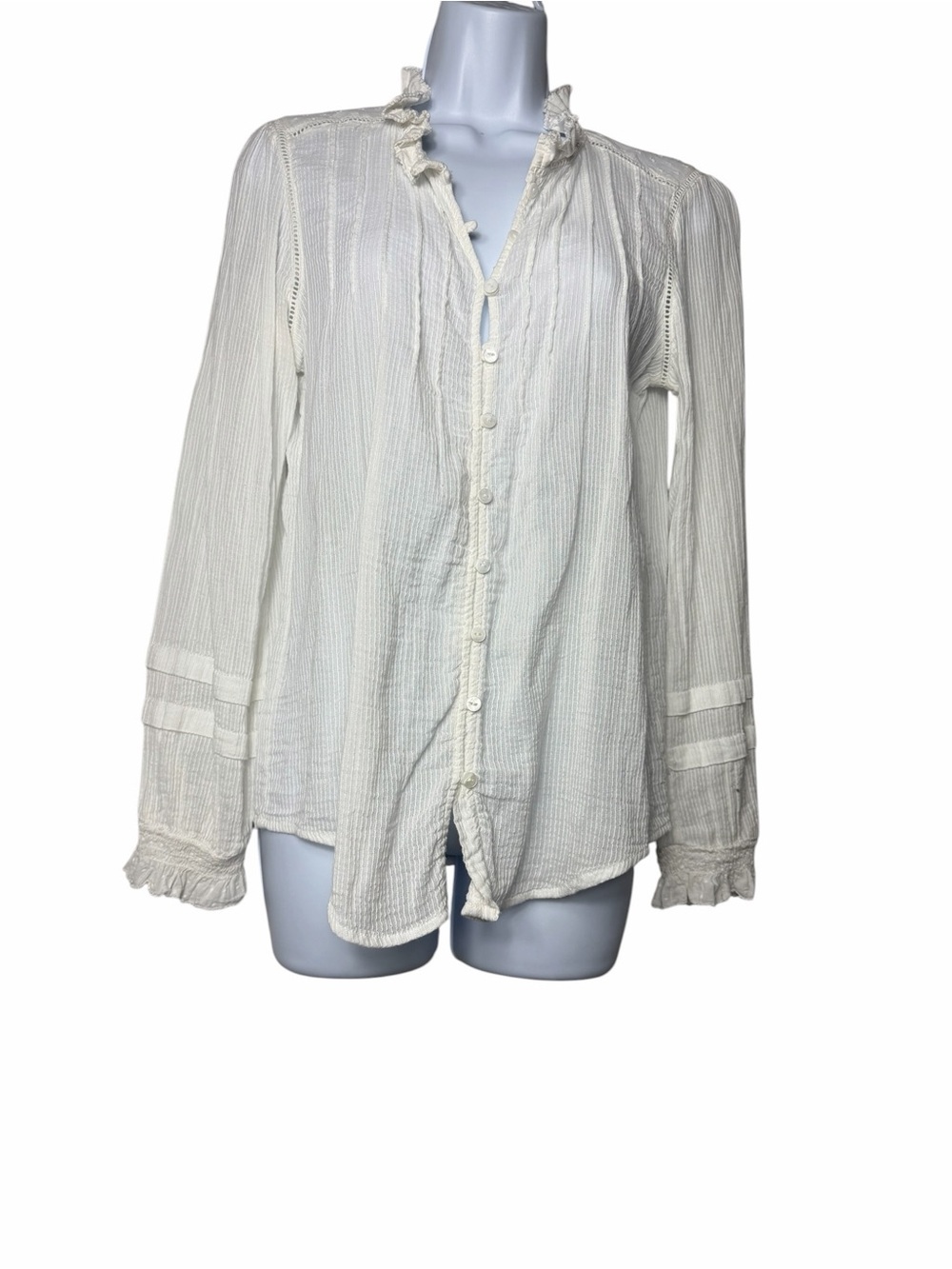FAHERTY Willa Long Sleeve Organic Cotton Ruffled Blouse Size Medium Cream Boho - Picture 2 of 8